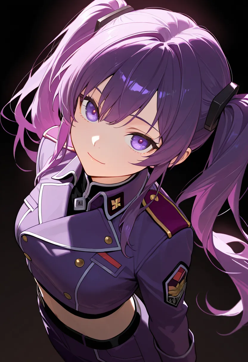 1girl, light smile, closed mouth, purple hair, twintails, purple eyes, purple military jacket, black crop top, dark background, looking up, from above, looking at viewer, dark background