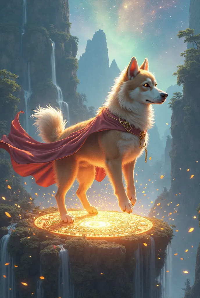 {{A ((mythical and enchanting)) depiction of {((a legendary superdog landing gracefully on an ancient floating island, glowing runes forming under its paws))}}} with {((a flowing cape made of stardust, gentle magical shockwave spreading in soft ripples))}....