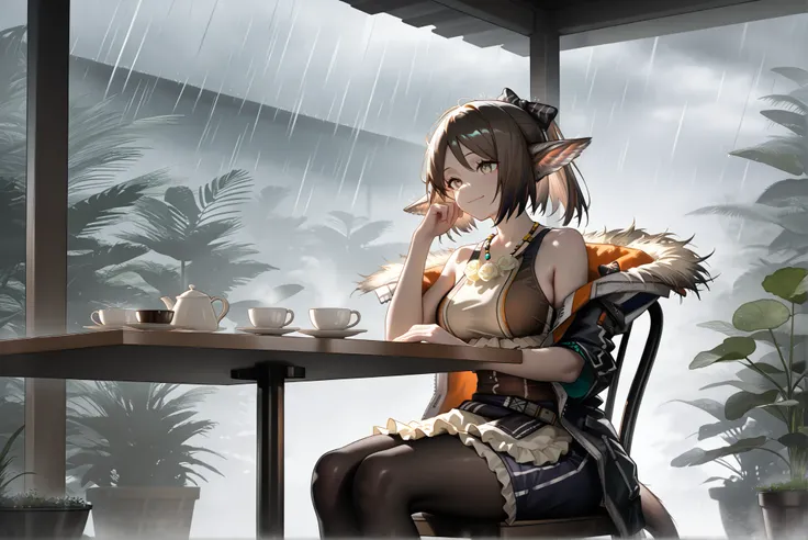 1femal,solo,,((whole body))。open jacket, waist apron, perfumer, bare arms, bare shoulder, waist apron perfumer sp, pencil skirt, black pantyhose,, brown dress,,(((perfumer_\(arknights\)))),,, morning cafe ,storm,Houseplants,heavy rain, cafe table,Outdoor t...