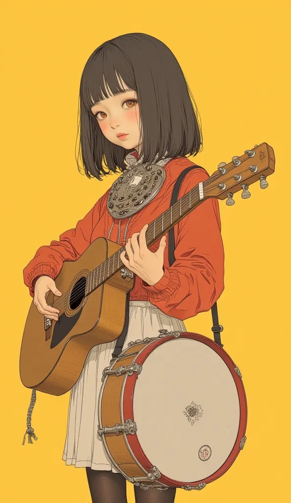 High School Girl Playing Guitar and Carrying Drums, 足にTambourine、harmonica for neck、Musician, promotion illustration, Music Girl, Tambourine, Musician,  playing guitar , promotion illustration, Yoshitomo Nara,  PROMOTION SHOT , Yoshitomo Nara、Yellow Backgr...