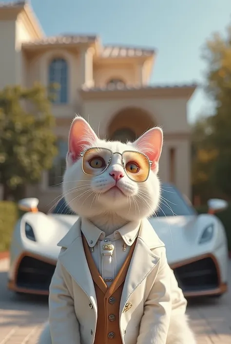 A  white cat dressed with a luxury suites and an eye glass standing in front of his fully captured luxurious house and a Bugatti, Ferrari  and Lamborghini urus of car smiling outside near the car looking very happy 