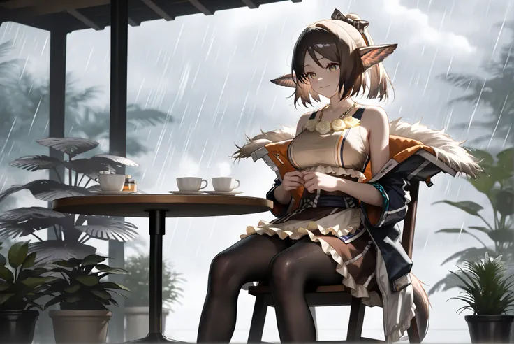 1femal,solo,,((whole body))。open jacket, waist apron, perfumer, bare arms, bare shoulder, waist apron perfumer sp, pencil skirt, black pantyhose,, brown dress,,(((perfumer_\(arknights\)))),,, morning cafe ,storm,Houseplants,heavy rain, cafe table,Outdoor t...
