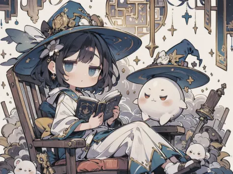  from side, 1 girl, The Magician's Laboratory  、 I'm sitting on a chair and reading a book、 complicated details ,   hyper details ,　(Highest quality, masterpiece:1.2),  Ultra High Definition ,  ray tracing, very detailed, Complex Robe、 Magician's Hat,  chi...