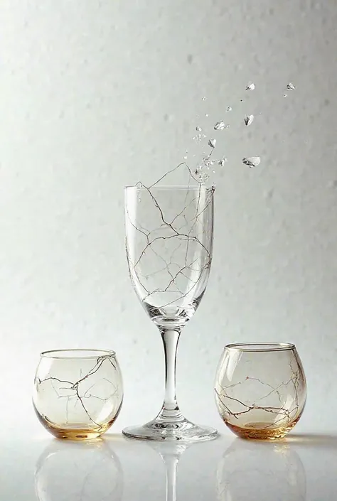 Generated a photo of a glass in good condition and another broken and the third repaired using the Kin Su Gi technique