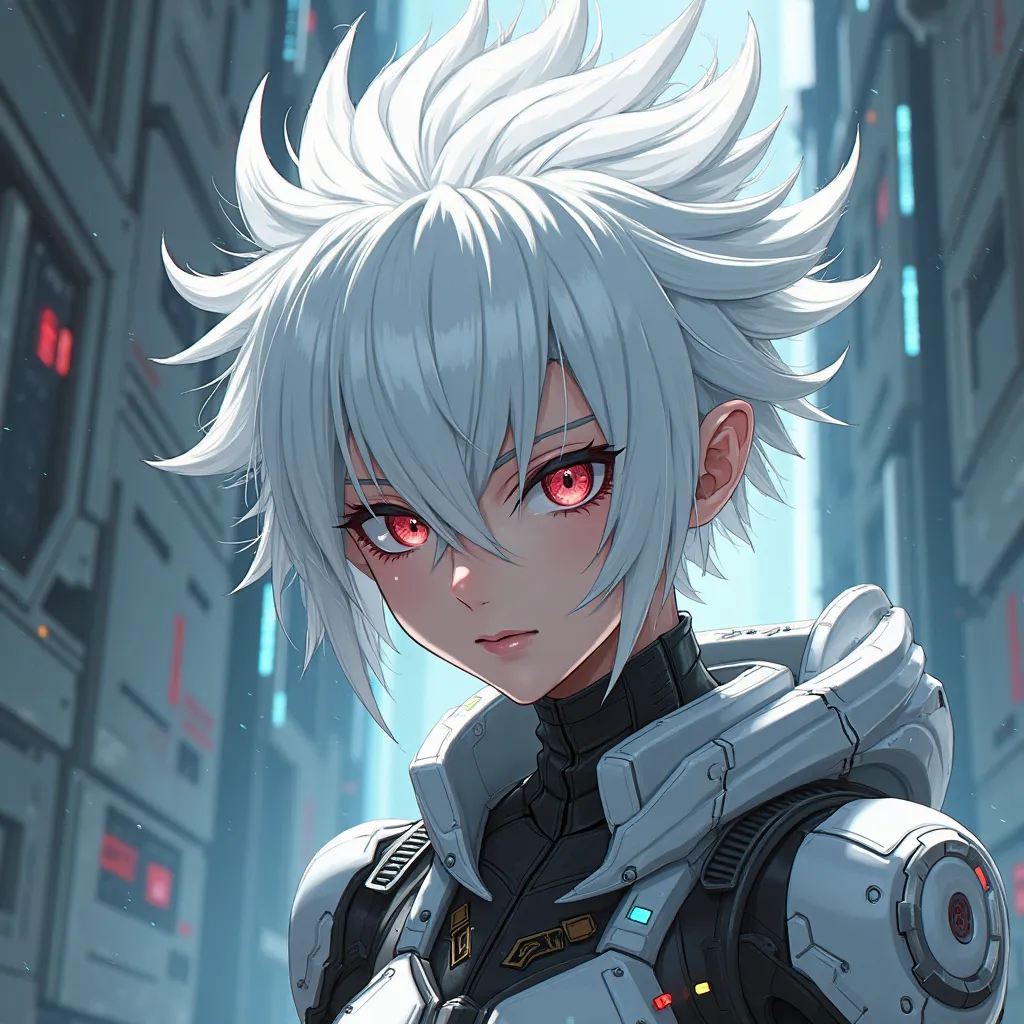 White spikey hair futuristic anime guy 