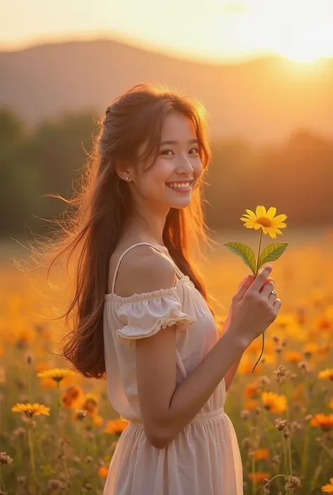 A beautiful girl standing in the middle of a field bright flowers in the light of a gentle sunset.  light wind blowing through , as her long hair rose. Her eyes sparkled., reflecting the orange and purple hues of the afternoon sky.  In the hand , she held ...