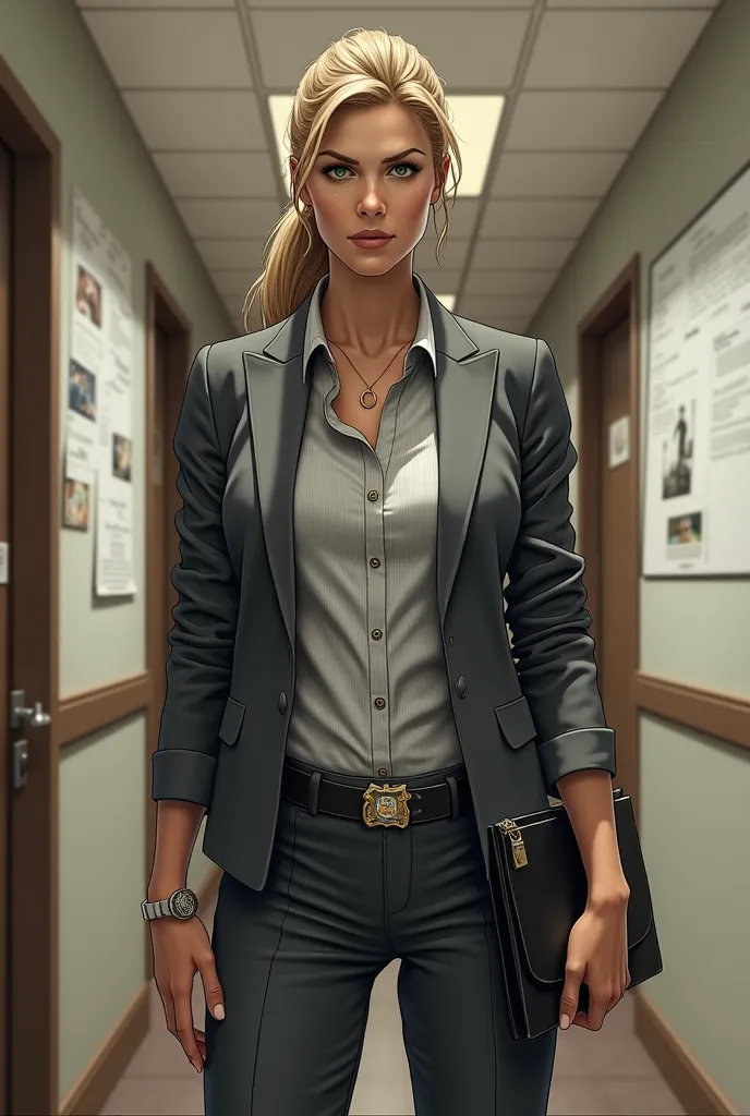 Real life Style image of attractive Detective Laura Kilbourne, a sharp-eyed woman in her late 30s, stands confidently in the middle of a busy police station. Her piercing green eyes are focused and intense, reflecting her tenacious personality. She has dar...