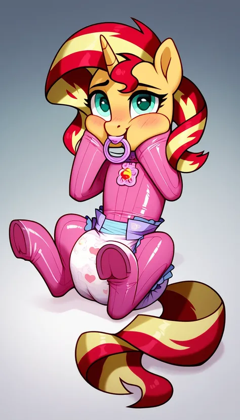 pony unicorn alone , Sunset Shimmer, adult mare, red mane with a yellow strand, mint eyes , pacifier in the mouth, sitting on the carpet, red tail with a yellow strand, wearing a pink bodysuit, thick diaper under her clothes, disturbance, pink blush on che...