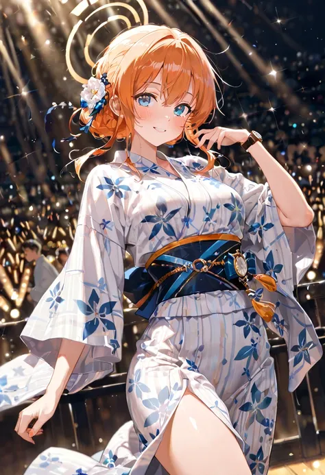 The girl, dressed in a yukata, watches a dance performance, surrounded by the bright lights of the stage. , (best quality and masterpiece and absolutely resolution and 8k UHD and ultra highres and incredibly absurdres and very aesthetic and ultra detailed ...