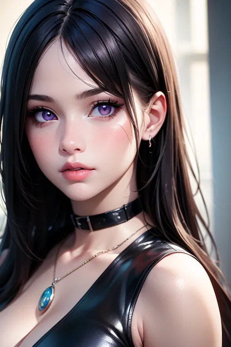 black hair, pretty face, full lips, blushing, shy, choker, pendant, dark mascara, heavy purple eyeshadow, scar under left eye, large natural heavy breasts, pvc catsuit,neon accents, BDSM harness, collar, thigh straps, (best quality,4k,8k,highres,masterpiec...