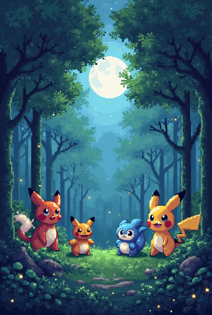 Pokemon pixel art in a forest at night