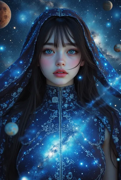 ((surrealism)), ((top quality, Masterpiece, High sensitivity, high resolution, detailed depiction of up to the front door, depicting a delicate face)) a goddess, long nebula hair, starry hair, her hair and the background are seamlessly combined, pretty fac...