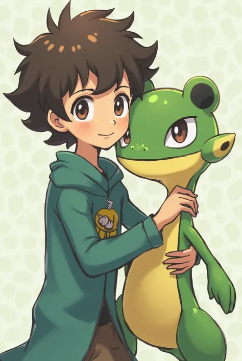 You could make a white boy , with almost curled hair and almost light chocolate hair, have little brown eyes , and that he's hugging GRENINJA the tall Pokémon. Please have GRENINJA is a frog-style Pokémon.