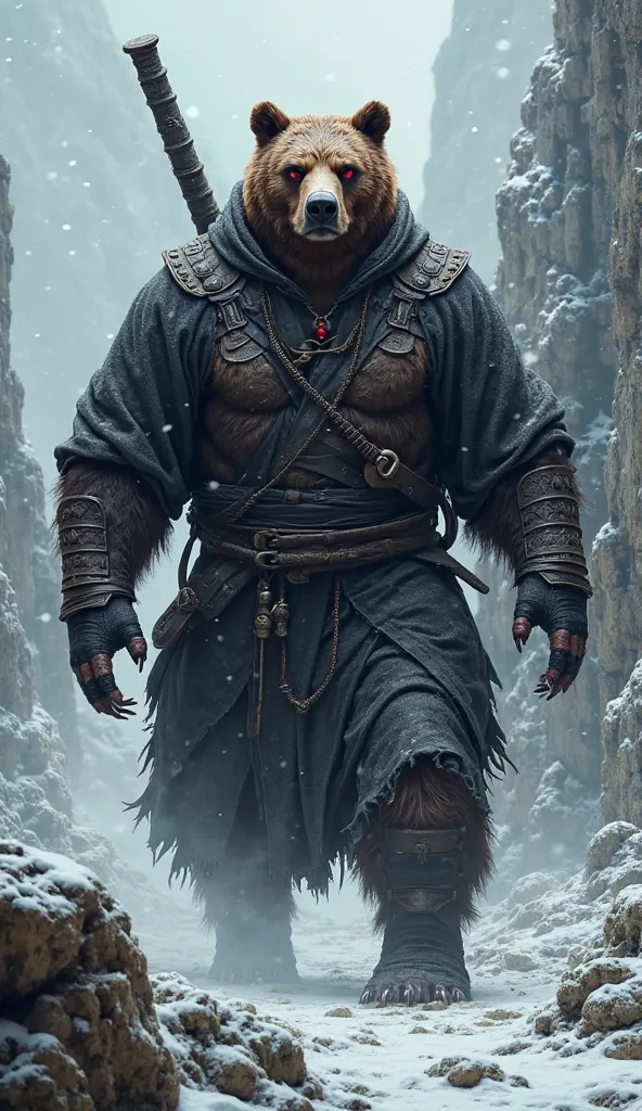 A towering, muscle-bound grizzly bear dressed in a deep black and dark brown ninja robe, reinforced with leather armor over his massive chest and shoulders. His thick, clawed hands are wrapped in black cloth, and his glowing red eyes shine beneath a fitted...