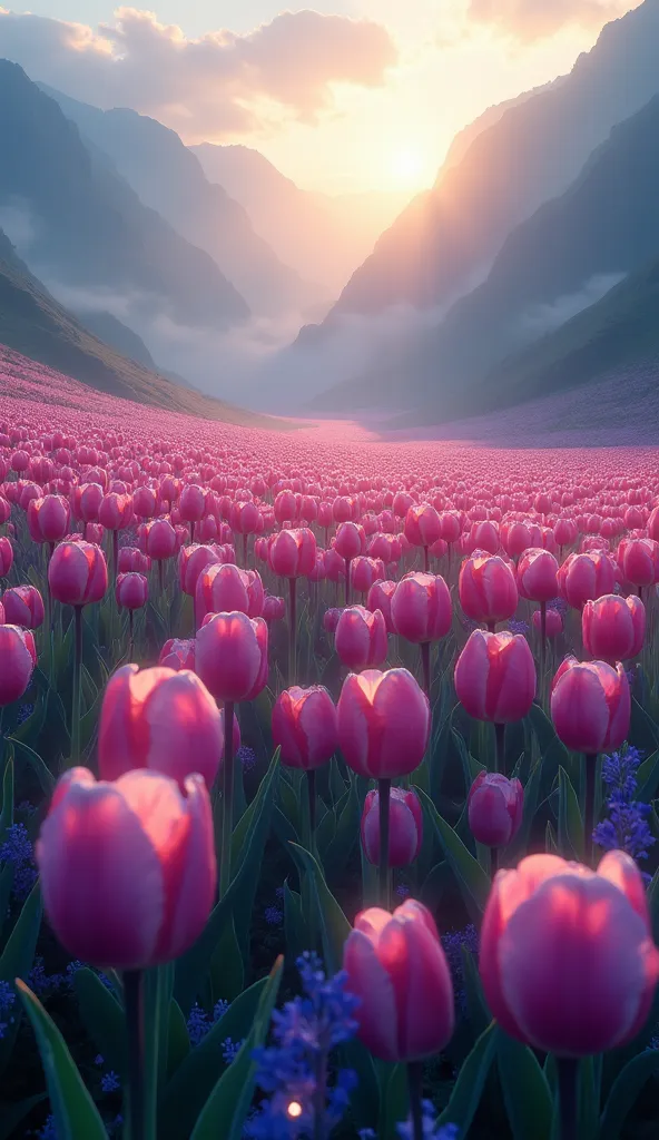 Envision a breathtaking, hyper-realistic landscape of an endless field teeming with 'Tulip Flowers'—magical, luminescent blooms with petals that shimmer in iridescent hues of deep blue, ruby, and silver. The flowers sway rhythmically, as if humming a silen...