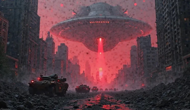 A view of a destroyed city at night, with warrior vehicles hiding behind the rubble. The sky is filled with alien ships hovering with red lights on, watch every move below.