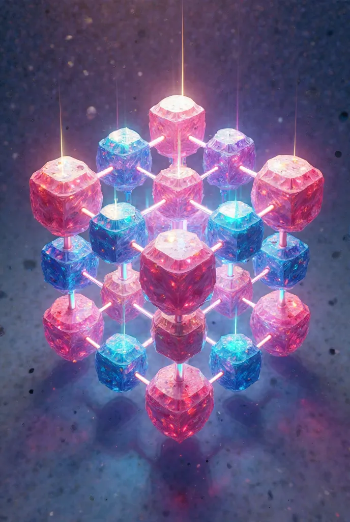 three-dimensional network with a precise arrangement of large identical gems connected by beams of light that create cartoon-style cubes