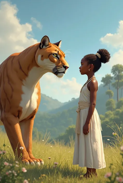 Here’s the translation:

"Draw a yellow, tawny panther meeting a young African girl dressed in traditional white clothing with traditional styled hair."

