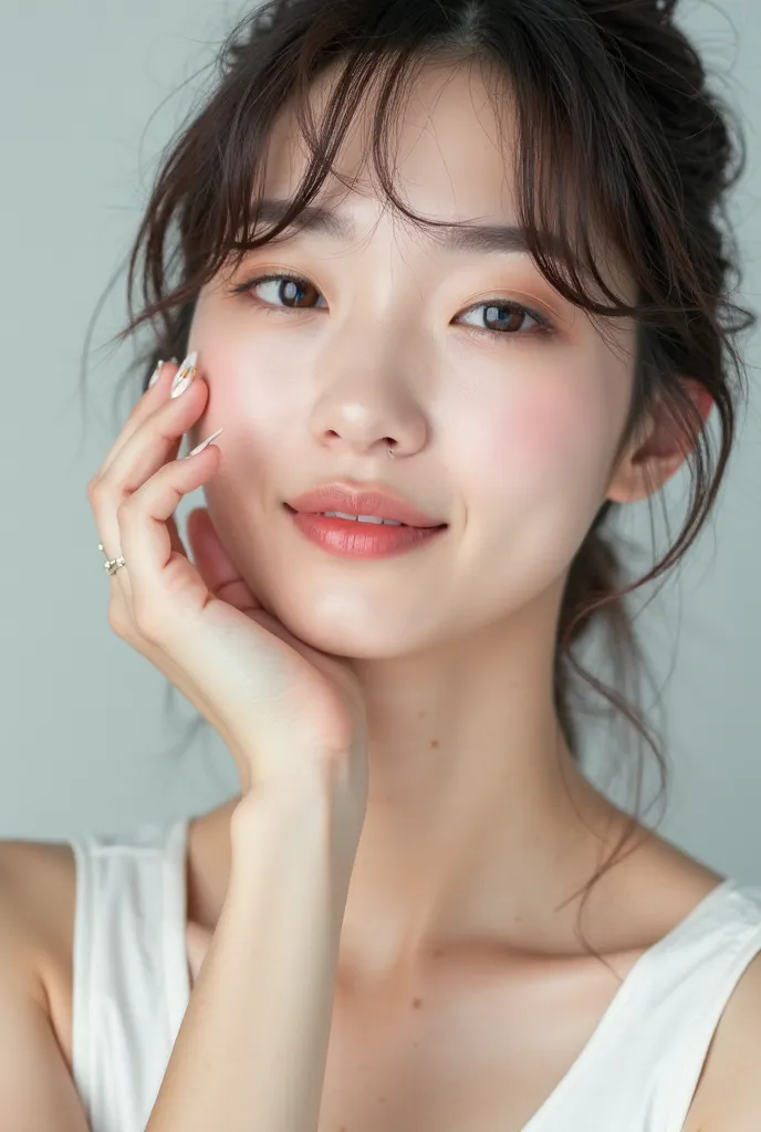 a close up of a woman with a white dress holding her hand on her face, beautiful south korean woman, woman with porcelain skin, korean woman, kwak ji young, photoshoot for skincare brand, gorgeous young korean woman, beautiful young korean woman, lee ji - ...