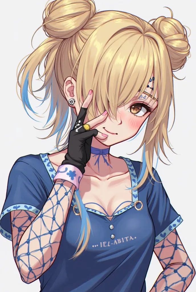 masterpiece,  best quality,   k@iri$ane, 1girl, solo, gloves, fingerless gloves, blonde hair, hair bun, makeup, hair over one eye, double bun, looking at viewer, brown eyes, fishnets, piercing, eyeshadow, multicolored hair, upper body, blue facepaint, face...