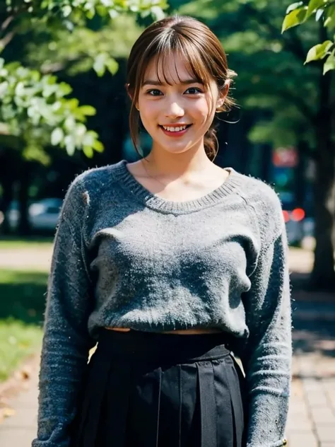 one woman,(black long skirt,strapless sweater),posing,standing,large breasts,whole body,cute face,smiling,chignon,looking at viewer,daytime,public park,high quality,photorealistic,masterpiece,highly detailed,japanese