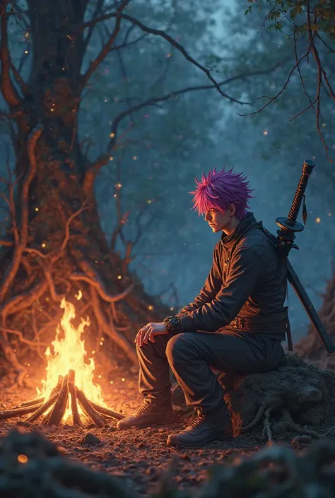 Anime pictures Sitting next to a fire that is not the size of grass, with twigs or branches forming a wide fire. A handsome man with colored hair has an aura and a sword on his back to look charming.