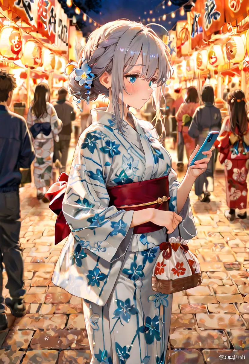 She talks on her phone while wearing a yukata, arranging plans with friends for the evening, surrounded by the lively energy of the festival grounds. , (best quality and masterpiece and absolutely resolution and 8k UHD and ultra highres and incredibly absu...