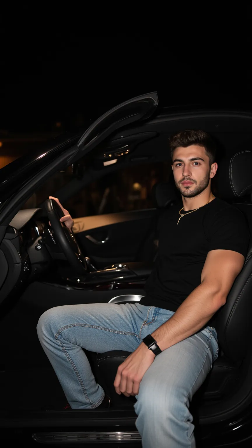 a handsome young turkish guy with muscle, dark very short hair fade and goatee he wearing a black tshirt and a light loose jeans and a thin gold chain he sit in a mercedes s coupe in black amateur photo random picture its night and location is germany he h...