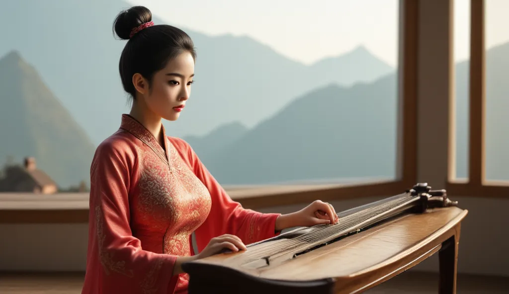 "A beautiful Asian woman with a traditional hairstyle plays a guzheng indoors with a mountain view, wearing a red and gold dress, soft lighting, elegant atmosphere, detailed facial features."