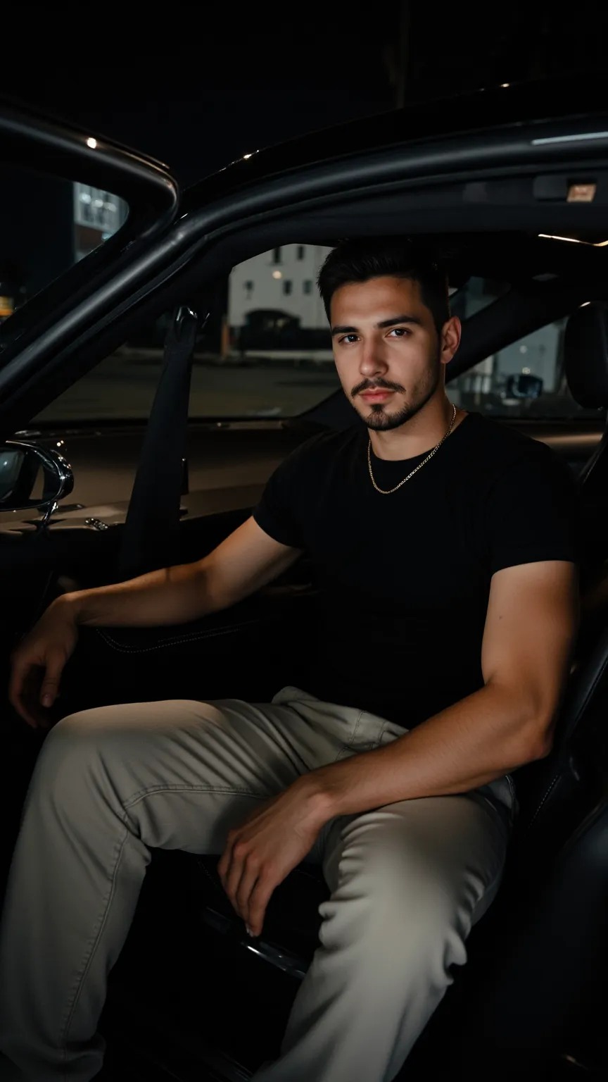 a handsome young turkish guy with muscle, dark very short hair fade and goatee he wearing a black tshirt and a light loose jeans and a thin gold chain he sit in a mercedes s coupe in black amateur photo random picture its night and location is germany he h...