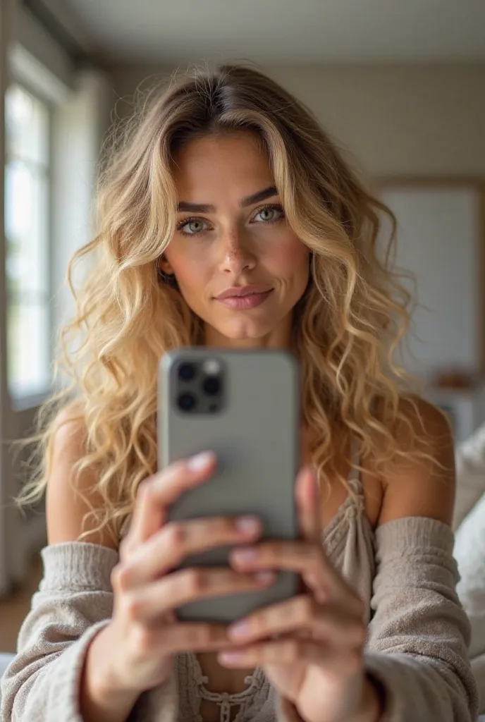 A woman with curly blond hair taking herself off to post on Instagram.