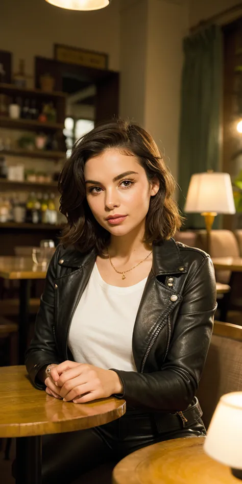 A brunette woman with short, sleek hair, sitting in a cozy cafe in Paris, France, gazing directly at the camera. She wears a stylish black leather jacket over a simple white shirt, and her face is illuminated by the soft, golden glow from the lamp on her t...