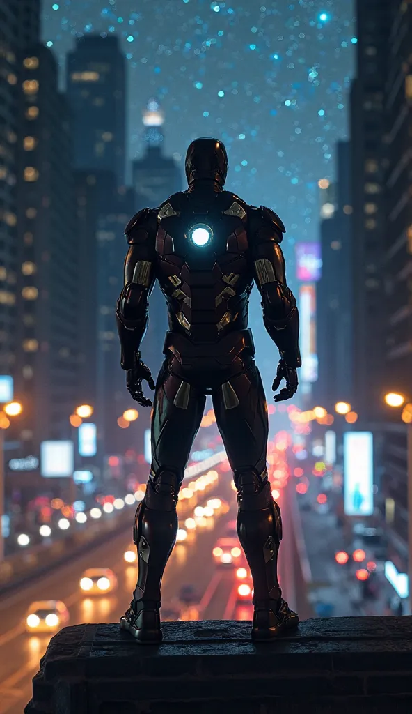 Ironman silhouette seen from behind on top of a building watching buildings in New York City at night.  In solitude , car lights, traffic lights , Neones,  Starry Sky. Cinematic, 4K ultra detail