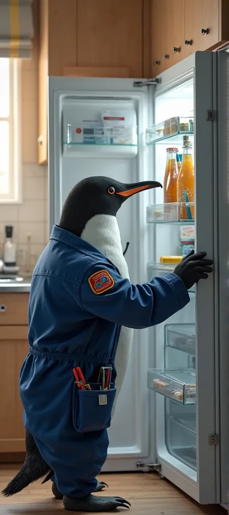 Make a penguin refrigerator technician working on a refrigerator