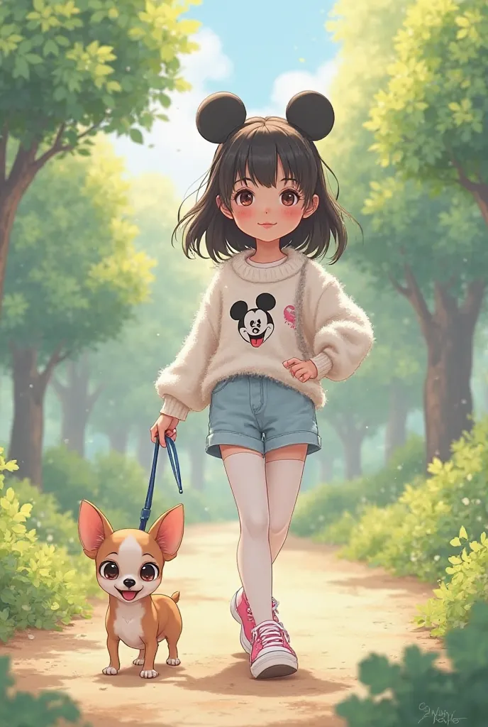 Girl taking a walk with a chihuahua。Mickey、white tights with shorts、Pink Sneakers、short white fluffy sweater、What about shorts、light blue、