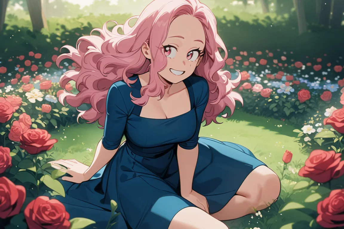 Anime, anime My hero academia, my hero academia, A woman, pink hair, wavy hair, long hair, pink eyes, blue dress, knee-length dress, happy, sitting on the grass, surrounded by flowers, red rose garden, masterpiece,