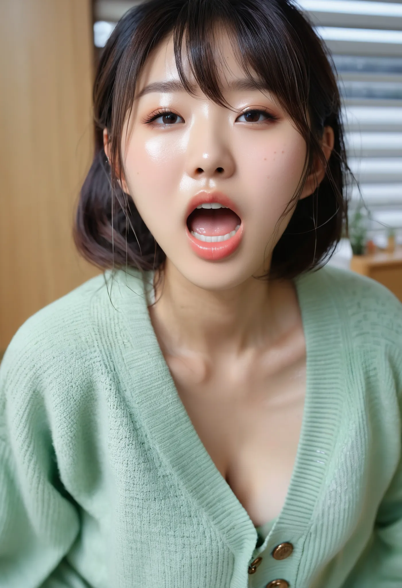  Beautiful Japanese Actress、 1 girl,bangs、award winning pictures , very well detailed, focus on your face ,  big double eyes(  humble faceの女性 ), 1、bangs、 shiny skin、((( round face、Full Cheeks、face up)))、Realistic nostrils、 bedroom,　squats、(( random color o...