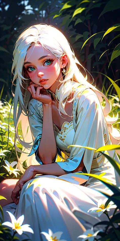 (masterpiece, best quality),1girl with long white hair sitting in a field of green plants and flowers, her hand under her chin, warm lighting, white dress, blurry foreground