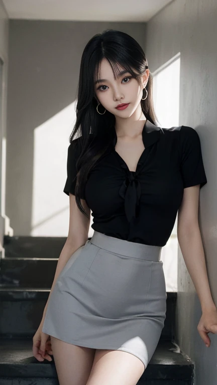 gray eyes, korean , summer black  fit shirt, ribbon tie, fit classic skirt, bright blonde, school stairs, going down school stairs, Pose that sticks out the chest, Pose showing off your chest, 8k RAW photo, High resolution,  cool korean, very big round bre...