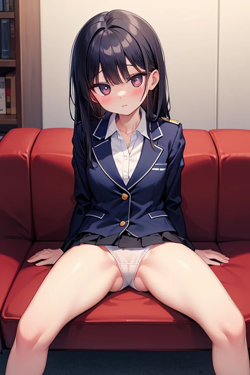 Height: 160cm　uniform　navy blue blazer　navy blue mini skirt　 black hair　straight hair that shrinks pupils　sitting on the couch　Open your legs to seduce　white panties visible
