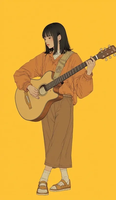 A woman playing the guitar and carrying a large drum, 足にTambourine、harmonica for neck、Musician, promotion illustration, Music Girl, Tambourine, Musician,  playing guitar , promotion illustration, Yoshitomo Nara,  PROMOTION SHOT , Yoshitomo Nara、Yellow Back...