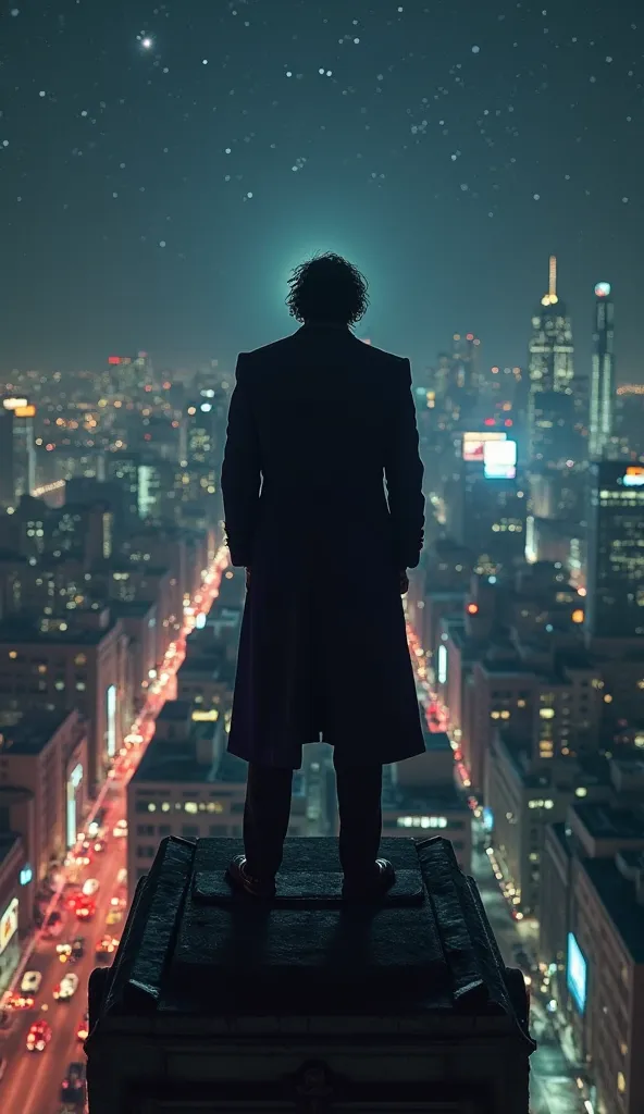 Silhouette of The Joker seen from behind on top of a building watching buildings in New York City at night.  In solitude , car lights, traffic lights , Neones,  Starry Sky. Cinematic, 4K ultra detail