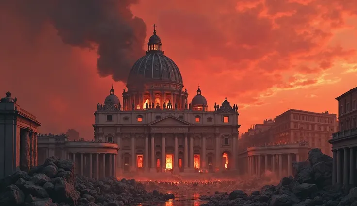 A dramatic image of the Vatican in ruins, with the dome of St. Peter's Basilica partially destroyed and flames consuming the structure. The sky is red,  with thick smoke rising , symbolizing the fall of Rome.