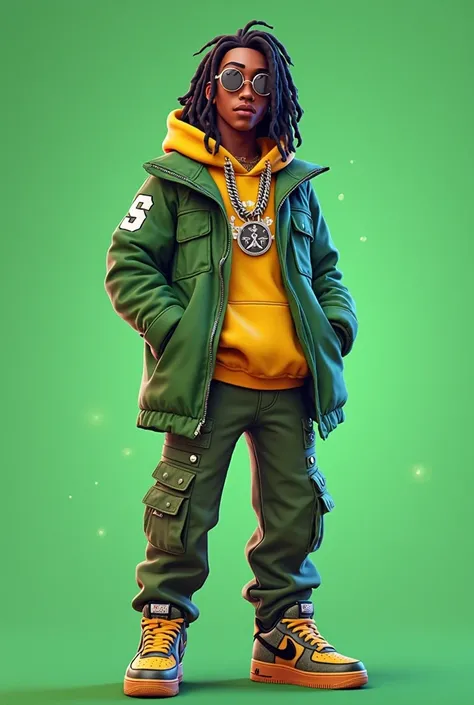 Fortnite, skin, young thug, 20 years old, long black hair dreadlocks, green jacket long, NEW Yellow Young Thug Sp5der Hoodie, green army pants, Nike SF Air Force 1 'Desert Camo',  silver chain, circle gold sunglasses, green background