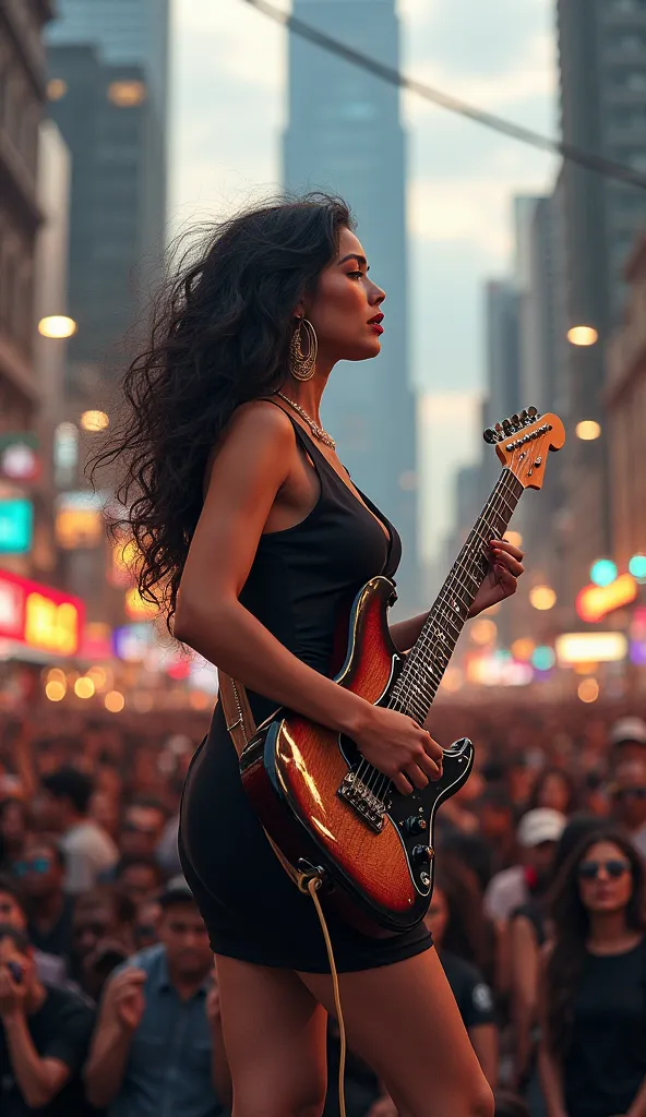 Beautiful Javanese woman with thick long hair , Busty busty body wearing pencil dress is playing electric guitar mobbed by visitors in the middle of the city, portrait, 4K, HD