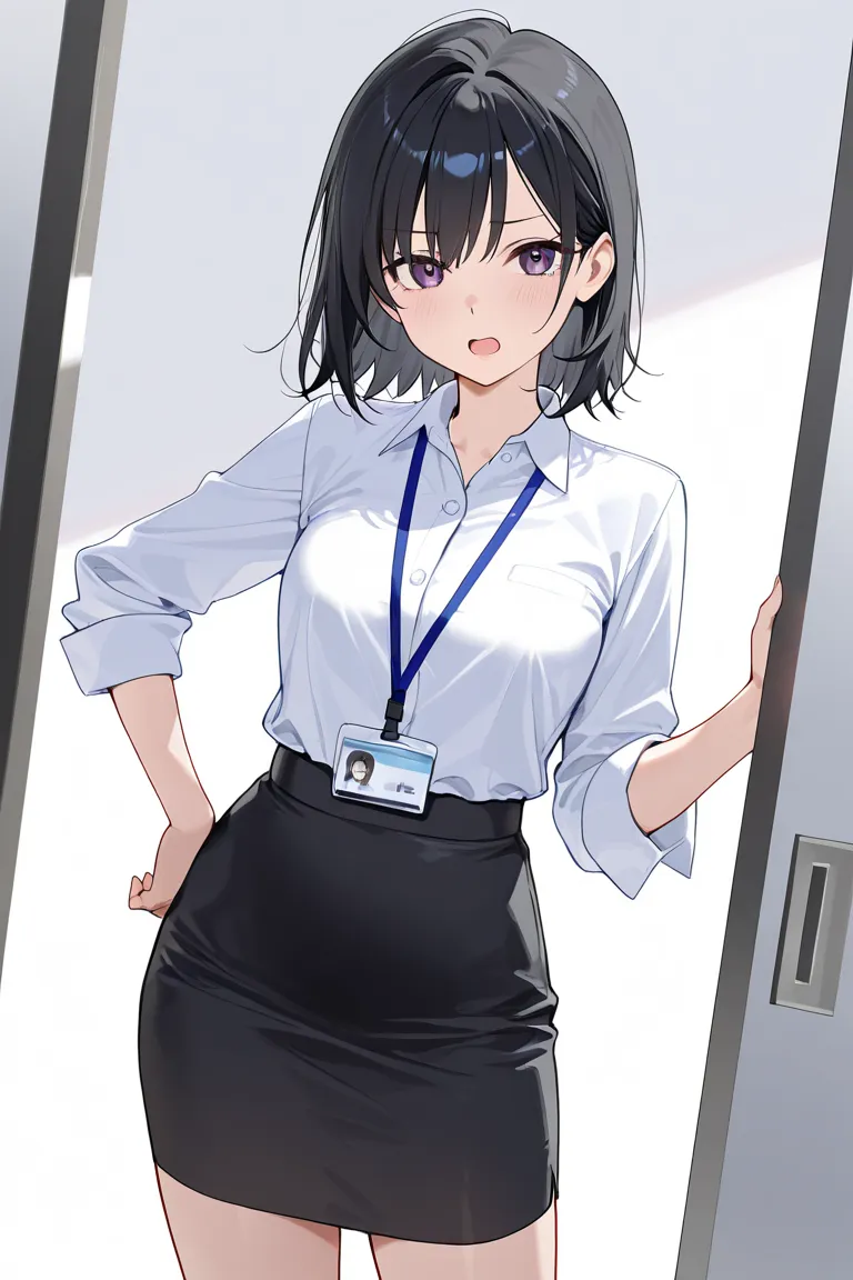  1girl , sOLo, breasts, looking at viewer, open mouth, short hair,shirt, skirt, white background, standing,  sketch, hand on own hip, office lady, id card, lanyard,suits,OL、 black hair、short