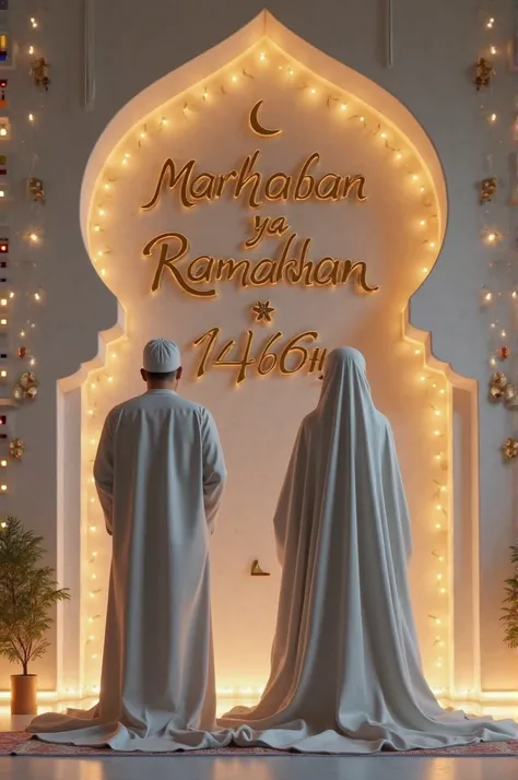 A photogenic 2 Muslim woman and 1 muslim man standing to perform prayer. She wears a long mukena covering her entire body, from head to toe. Her face is radiant. The room where she worships is clean and pure.The phrase “MARHABAN YA RAMADHAN 1446H”is displa...