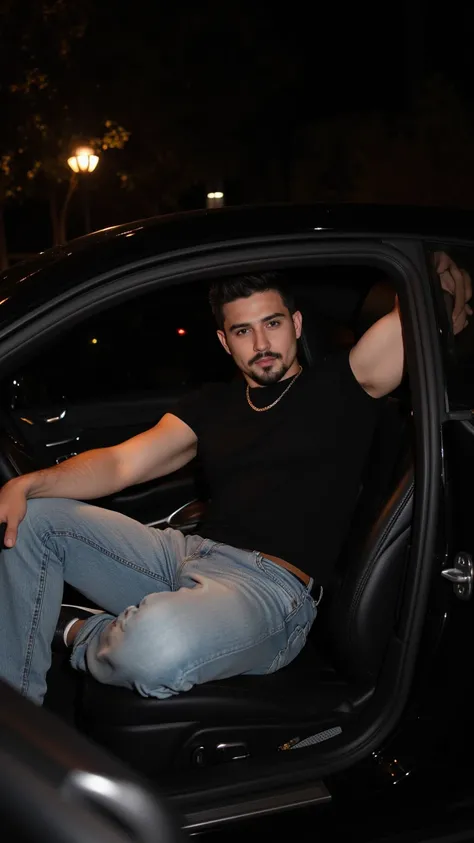 a handsome young turkish guy with muscle, dark very short hair fade and goatee he wearing a black tshirt and a light loose jeans and a thin gold chain he sit in a mercedes s coupe in black amateur photo random picture its night and location is germany he h...