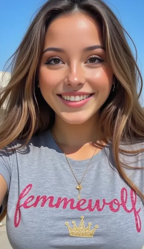 ( Full plane,  Whole body, masterpiece,  ultra-realistic ) Beautiful Girl, super long light brown hair with blonde highlights and wavy,  with a beautiful smile , in front of the spectator , t-shirt modeling a gray t-shirt with black text "FemmeWolf " with ...