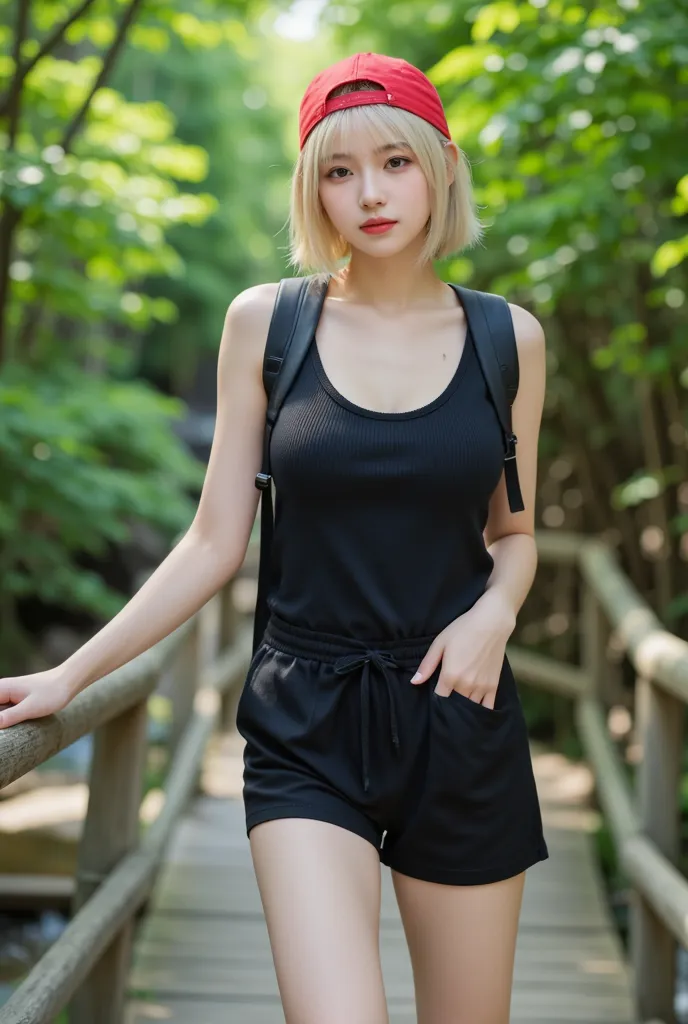 "A young woman with slightly blonde hair stands in a lush, green outdoor setting with a small river flowing in the background. She is wearing a black sleeveless romper, a red cap, and a black backpack. She also wears light-colored slip-on shoes. The settin...